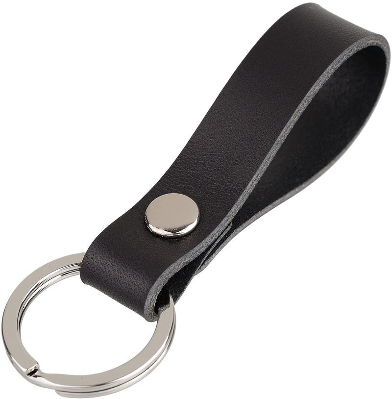 BeeSpring Leather Keychain Handcraft Silver Key Ring Lanyard Handmade (Black) - Image 1